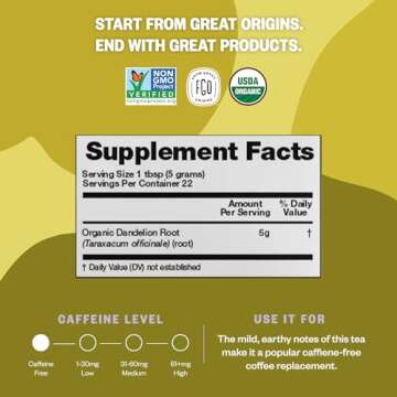 FGO Organic Dandelion Root Loose Tea, Cut and Sifted, Caffeine Free, 16oz Bulk Resealable Bag, Packaging May Vary (Pack of 1)