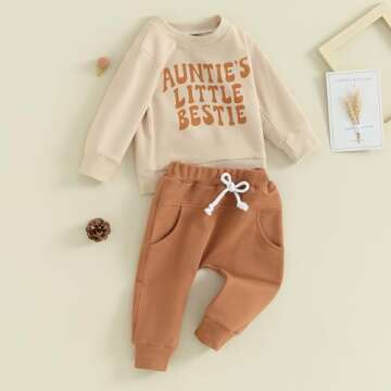 Aunties Bestie Baby Clothes Gender Neutral Baby Boy Girl Long Sleeve Sweatshirt Pullover Pant Fall Solid Color Outfit (Khaki, 0-6 Months)