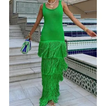 Antinson Women's Fringe Knit Tank Dress Summer Fashion