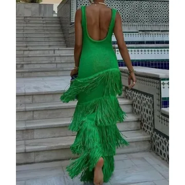 Antinson Women's Fringe Knit Tank Dress Summer Fashion