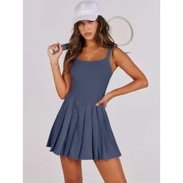 ANRABESS Women's Tennis Athletic Pleated Summer Mini Dress 2025 Golf Workout Build in Shorts Casual Romper Short Sundress Gray Blue Large