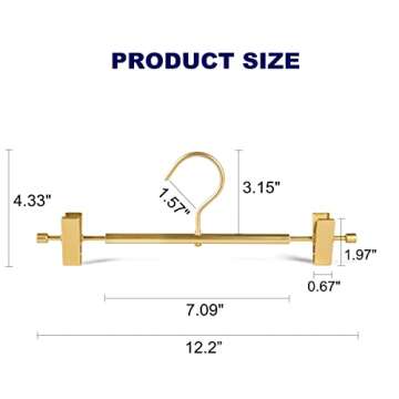 Amber Home 10 Pack Premium Matte Gold Aluminum Pants Hangers, 12.2” Extra Smooth & Durable Metal Skirt Slack Hanger, Light & Sturdy Metal Rack for Trouser with 2-Adjustable Non Slip Clips Swivel Hook