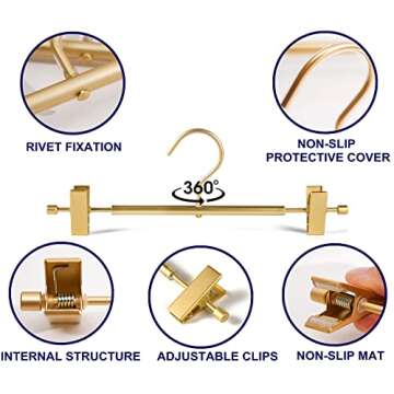 Amber Home 10 Pack Premium Matte Gold Aluminum Pants Hangers, 12.2” Extra Smooth & Durable Metal Skirt Slack Hanger, Light & Sturdy Metal Rack for Trouser with 2-Adjustable Non Slip Clips Swivel Hook
