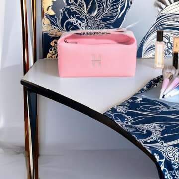 Sluxa Fashion Makeup Bag for Women, Orange Red Canvas Make up Travel Bag, Hanging Cosmetic Bag Organizer for Women（Full updated ） (Pink)