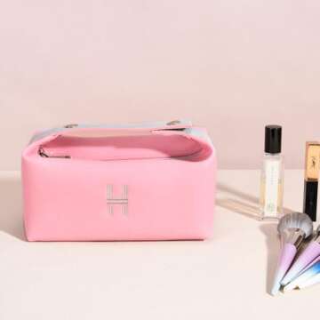 Sluxa Fashion Makeup Bag for Women, Orange Red Canvas Make up Travel Bag, Hanging Cosmetic Bag Organizer for Women（Full updated ） (Pink)