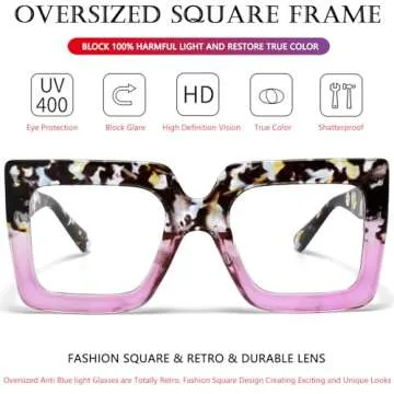 AIEYEZO Oversized Square Blue Light Glasses for Women Cute Big Frame Glasses Fashion Clear Multi-Color Computer Eyewear (Floral Purple)