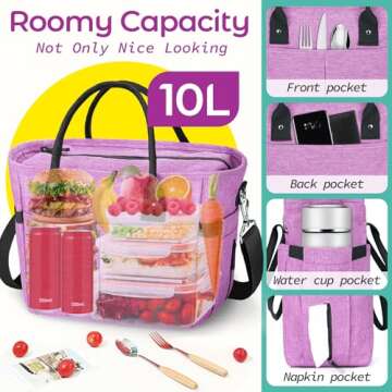 KIPBELIF Cute&Classy Roomy Insulated Lunch Bags for Women - Stylish & Functional Large Tote Adult Lunch Box for Working & Picnic (Purple, M)