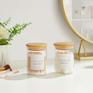 INIUNIK 2 Pack Glass Qtip Holder Dispenser, Apothecary Jars with Lids for Bathroom, Cotton Ball Pad Swab Holder, Bamboo Bathroom Accessories, Bathroom Organizers Containers Jars Canisters with Lids