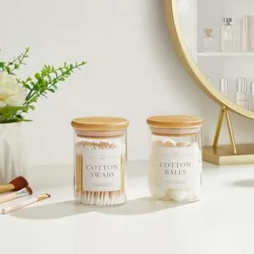 INIUNIK 2 Pack Glass Qtip Holder Dispenser, Apothecary Jars with Lids for Bathroom, Cotton Ball Pad Swab Holder, Bamboo Bathroom Accessories, Bathroom Organizers Containers Jars Canisters with Lids