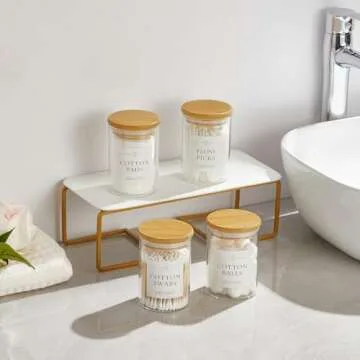 INIUNIK 2 Pack Glass Qtip Holder Dispenser, Apothecary Jars with Lids for Bathroom, Cotton Ball Pad Swab Holder, Bamboo Bathroom Accessories, Bathroom Organizers Containers Jars Canisters with Lids