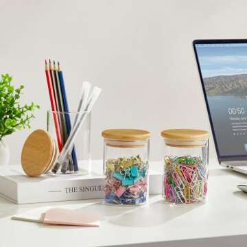 INIUNIK 2 Pack Glass Qtip Holder Dispenser, Apothecary Jars with Lids for Bathroom, Cotton Ball Pad Swab Holder, Bamboo Bathroom Accessories, Bathroom Organizers Containers Jars Canisters with Lids