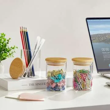 INIUNIK 2 Pack Glass Qtip Holder Dispenser, Apothecary Jars with Lids for Bathroom, Cotton Ball Pad Swab Holder, Bamboo Bathroom Accessories, Bathroom Organizers Containers Jars Canisters with Lids