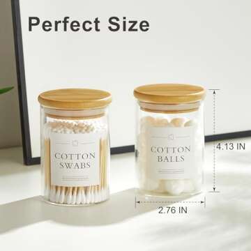 INIUNIK 2 Pack Glass Qtip Holder Dispenser, Apothecary Jars with Lids for Bathroom, Cotton Ball Pad Swab Holder, Bamboo Bathroom Accessories, Bathroom Organizers Containers Jars Canisters with Lids