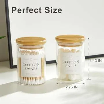 INIUNIK 2 Pack Glass Qtip Holder Dispenser, Apothecary Jars with Lids for Bathroom, Cotton Ball Pad Swab Holder, Bamboo Bathroom Accessories, Bathroom Organizers Containers Jars Canisters with Lids