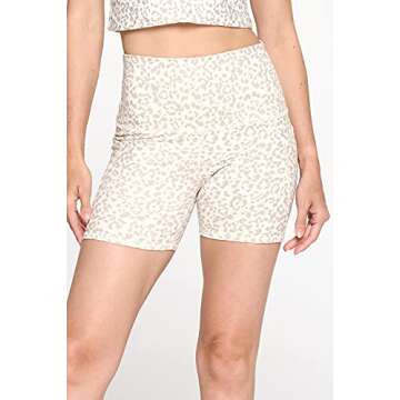 EVCR High Pocket Waisted Shorts for Women - 5" Length Athletic Tummy Control Yoga Pants for Workout, Snow Taupe Cheetah, Large