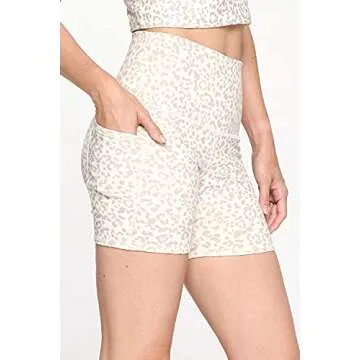 EVCR High Pocket Waisted Shorts for Women - 5" Length Athletic Tummy Control Yoga Pants for Workout, Snow Taupe Cheetah, Large