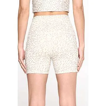 EVCR High Pocket Waisted Shorts for Women - 5" Length Athletic Tummy Control Yoga Pants for Workout, Snow Taupe Cheetah, Large