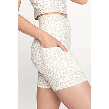 EVCR High Pocket Waisted Shorts for Women - 5" Length Athletic Tummy Control Yoga Pants for Workout, Snow Taupe Cheetah, Large