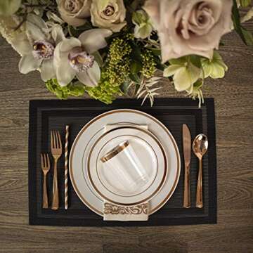 Neatiffy 225 Pcs Rose Gold Rim Disposable Plastic Dinnerware Set (25 Guest) | 25 x (Dinner Plate, Dessert Plate, Plastic Silverware, Cup, Napkin, Straw) | For Wedding, Luxurious Party, Special Event