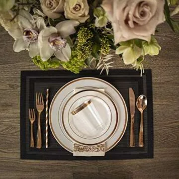 Neatiffy 225 Pcs Rose Gold Rim Disposable Plastic Dinnerware Set (25 Guest) | 25 x (Dinner Plate, Dessert Plate, Plastic Silverware, Cup, Napkin, Straw) | For Wedding, Luxurious Party, Special Event