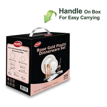 Neatiffy 225 Pcs Rose Gold Rim Disposable Plastic Dinnerware Set (25 Guest) | 25 x (Dinner Plate, Dessert Plate, Plastic Silverware, Cup, Napkin, Straw) | For Wedding, Luxurious Party, Special Event