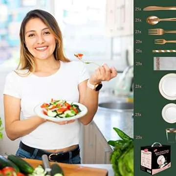 Neatiffy 225 Pcs Rose Gold Rim Disposable Plastic Dinnerware Set (25 Guest) | 25 x (Dinner Plate, Dessert Plate, Plastic Silverware, Cup, Napkin, Straw) | For Wedding, Luxurious Party, Special Event