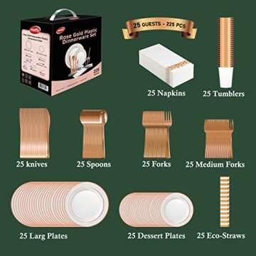 Neatiffy 225 Pcs Rose Gold Rim Disposable Plastic Dinnerware Set (25 Guest) | 25 x (Dinner Plate, Dessert Plate, Plastic Silverware, Cup, Napkin, Straw) | For Wedding, Luxurious Party, Special Event