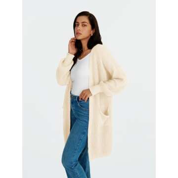LILLUSORY Long Oversized Cardigans Sweaters for Women Open Front Knit Fall with Pockets 2025 Outfits Fashion Apricot M
