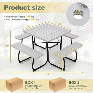 Tangkula 8 Person Picnic Table, Outdoor Square Picnic Table with 4 Built-in Benches, Umbrella Hole, Metal Frame & HDPE Tabletop, Outside Table and Bench Set for Garden, Backyard, Porch, Patio (Grey)