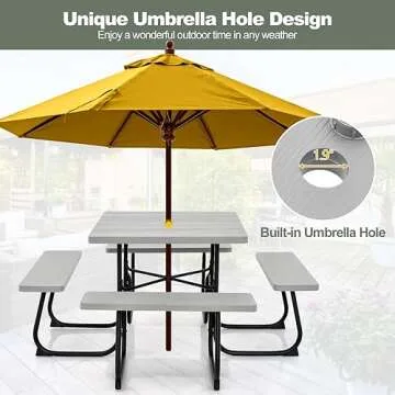 Tangkula 8 Person Picnic Table, Outdoor Square Picnic Table with 4 Built-in Benches, Umbrella Hole, Metal Frame & HDPE Tabletop, Outside Table and Bench Set for Garden, Backyard, Porch, Patio (Grey)