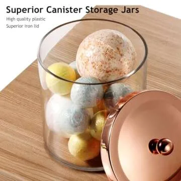 SheeChung 3 Pack Premium Apothecary Jars Set - Acrylic Storage Jars with Lids - Qtip Holder Dispenser Bathroom Set Kitchen Laundry Vanity Shelves Organizer Canister Home Decor (Rose gold)