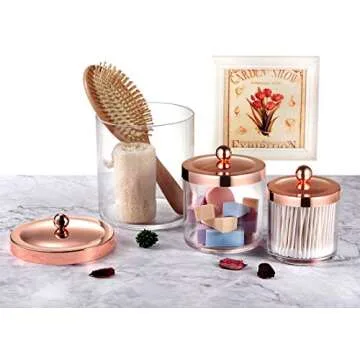 SheeChung 3 Pack Premium Apothecary Jars Set - Acrylic Storage Jars with Lids - Qtip Holder Dispenser Bathroom Set Kitchen Laundry Vanity Shelves Organizer Canister Home Decor (Rose gold)