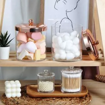 SheeChung 3 Pack Premium Apothecary Jars Set - Acrylic Storage Jars with Lids - Qtip Holder Dispenser Bathroom Set Kitchen Laundry Vanity Shelves Organizer Canister Home Decor (Rose gold)