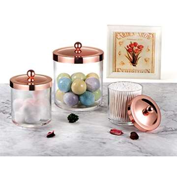 SheeChung 3 Pack Premium Apothecary Jars Set - Acrylic Storage Jars with Lids - Qtip Holder Dispenser Bathroom Set Kitchen Laundry Vanity Shelves Organizer Canister Home Decor (Rose gold)
