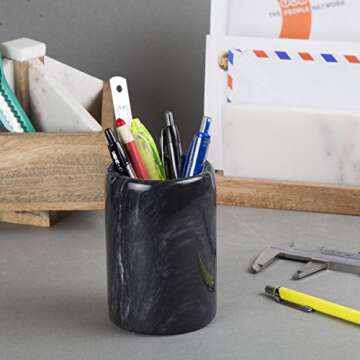 Creative Home Natural Black Marble Pen Pencil Holder Cup Tabletop Desktop Organizer for Home Bathroom Office Decoration, 3.3" Diam. x 4.5" H, Black