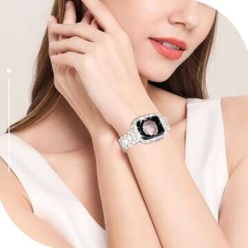 Newlibery Bling Watch Bands with Bling Case for Women Compatible with Apple Watch Band 40mm Elegant Dressy Jewelry Replacement Metal Link Wristband Protector Cover for iWatch Series 6/5/4/SE Starlight