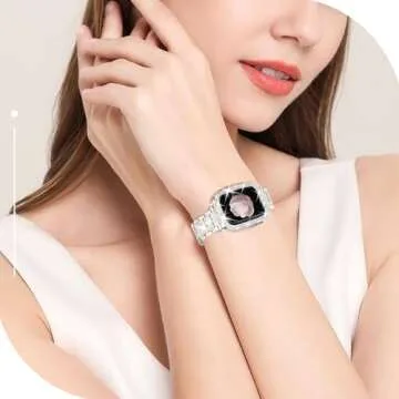 Newlibery Bling Watch Bands with Bling Case for Women Compatible with Apple Watch Band 40mm Elegant Dressy Jewelry Replacement Metal Link Wristband Protector Cover for iWatch Series 6/5/4/SE Starlight