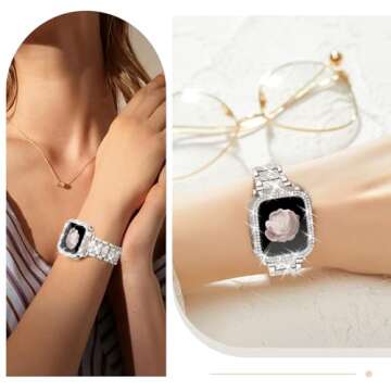 Newlibery Bling Watch Bands with Bling Case for Women Compatible with Apple Watch Band 40mm Elegant Dressy Jewelry Replacement Metal Link Wristband Protector Cover for iWatch Series 6/5/4/SE Starlight