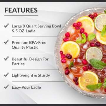 S.G Premium Quality Plastic Punch Bowl with Ladle - 2 Gallon Punch Bowl with Ladle - Embroidered Design 8 Quart large Serving Bowl with 5 oz Plastic Serving Ladle/Spoon for Parties, Holidays, and more