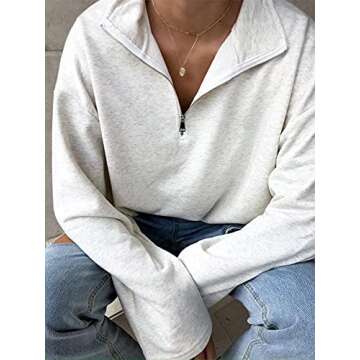 LAVASEON Womens Oversized Half Zip Lapel Sweatshirt Solid Color Casual Long Sleeve Cropped Pullover Top Lightgrey