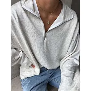 LAVASEON Womens Oversized Half Zip Lapel Sweatshirt Solid Color Casual Long Sleeve Cropped Pullover Top Lightgrey