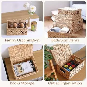 CHI AN HOME 14in Wicker Storage Baskets with Lids, Set of 3 Natural Water Hyacinth Decorative Baskets for Shelf, Woven Lidded Baskets for Organizing, Rattan Storage Baskets, Nesting Baskets with Lids