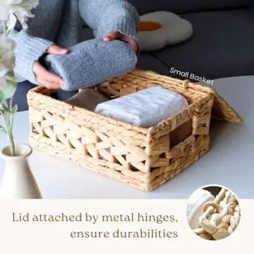 CHI AN HOME 14in Wicker Storage Baskets with Lids, Set of 3 Natural Water Hyacinth Decorative Baskets for Shelf, Woven Lidded Baskets for Organizing, Rattan Storage Baskets, Nesting Baskets with Lids