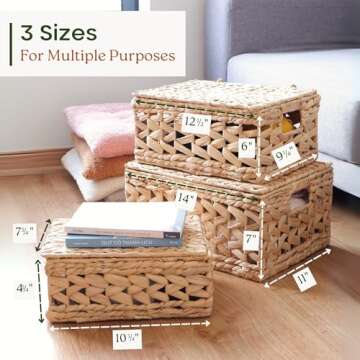 CHI AN HOME 14in Wicker Storage Baskets with Lids, Set of 3 Natural Water Hyacinth Decorative Baskets for Shelf, Woven Lidded Baskets for Organizing, Rattan Storage Baskets, Nesting Baskets with Lids