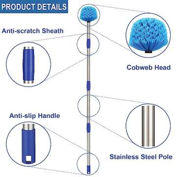 Cobweb Duster with Pole, 4ft Stainless Steel Pole Cobweb Brush with Medium-Stiff Bristles for Walls Beams Shelves Iight Fixtures and Window Screens