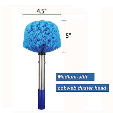 Cobweb Duster with Pole, 4ft Stainless Steel Pole Cobweb Brush with Medium-Stiff Bristles for Walls Beams Shelves Iight Fixtures and Window Screens