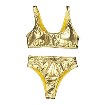 YAUASOPA Sexy Liquid Metallic Glitter Two Piece Push Up Swimsuit Female Shiny Solid High Cut Beachwe...