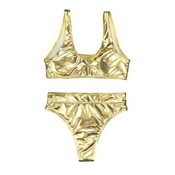 YAUASOPA Sexy Liquid Metallic Glitter Two Piece Push Up Swimsuit Female Shiny Solid High Cut Beachwear (US(2-4) S, Gold 1)
