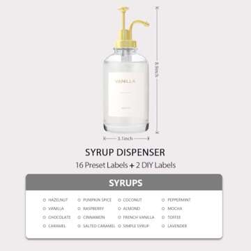 BONLONG Coffee Syrup Dispenser for Coffee Bar Accessories, Coffee Syrup Pump Dispenser, 16.9OZ Glass Syrup Bottles with 18 Coffee Syrup Labels, Gold Pump. (Clear)
