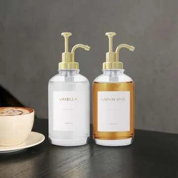 BONLONG Coffee Syrup Dispenser for Coffee Bar Accessories, Coffee Syrup Pump Dispenser, 16.9OZ Glass Syrup Bottles with 18 Coffee Syrup Labels, Gold Pump. (Clear)